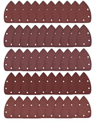Kozelo 50 Piezas Papel de Lija para Lijadora de Ratón - [60-240 Granos 3.5 X 5.5] con Gancho y Bucle Triangular para Madera Muebles Pulido | 5 Orificios Óxido de Aluminio