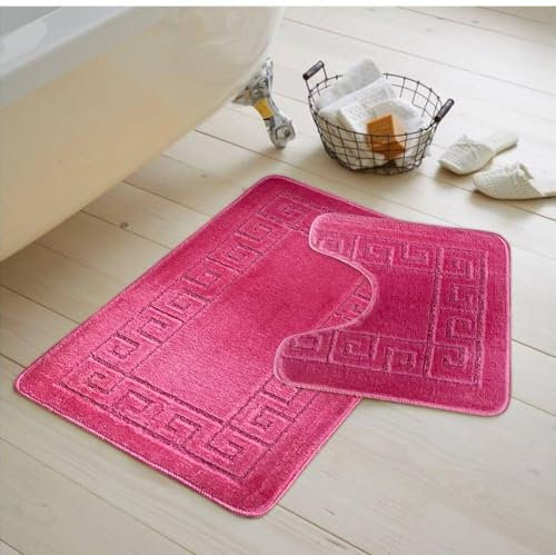Superweiche, sehr saugfähige Badematte und WC-Vorleger-Set, griechisches Schlüssel-Design, rutschfeste, rutschfeste Gummi-Unterseite, schnell trocknend, Rosa