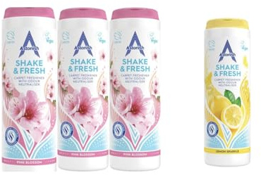 Fab Int Products 3 x Astonish Shake n Fresh Carpet Freshener Powder - Astonish Shake n Fresh Carpet Deodoriser Multi-Pack Gift Set (Pink Blossom) with 1 pack Lemon Scent