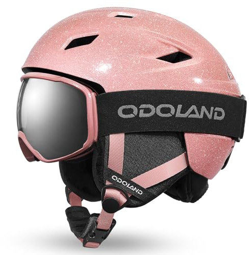 Odoland Skihelm und Skibrille Set, Glitzer Snowboardhelm mit Snowboardbrille für Damen und Mädchen Ski Goggles UV 400 Schutz Windwiderstand Snowboard Brille zum Skifahren und Bergsteigen
