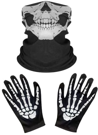 ONEINHE Gants squelette d'Halloween et masque de tête de mort demi-fantôme pour adulte, Halloween, cosplay, danse, fête costumée, Noir , taille unique