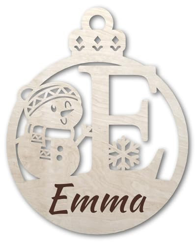 Urhome Weihnachtskugel personalisiert mit Wunschtext Gravur Buchstabe E mit Schneeman Motiv Hell Braun - Ornament Christbaumschmuck Weihnachtsdeko Weihnachtsbaum Anhänger aus 6,5mm Holz