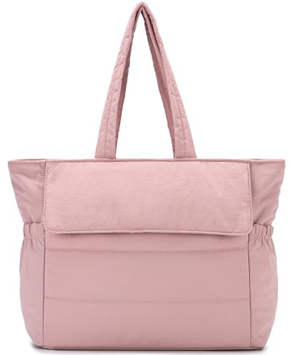 RAVUO Bolso Acolchado Mujer,Bolso Mujer Grande Ligero Puffer Tote Bag Bolso Universidad Bolsa Hombro y Shopper para Gimnasio Trabajo Vacaciones Yoga,Rosa