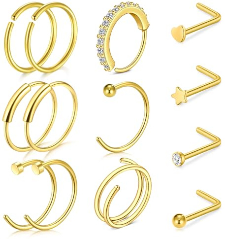 LAURITAMI 20G Piercing Naso acciaio chirurgico piercing naso cerchio Oro C L forma anello Piercing Naso Orecchini Piccolo Doppio Piercing Anello Naso per donne uomini,Confezione da 13 pezzi