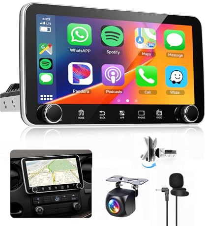 【2+64G】 Hodozzy Radio Coche 1 DIN con CarPlay Inalámbrico y Android Auto, Pantalla Táctil IPS Giratoria de 10.36, GPS/WiFi/Mirror Link/Bluetooth/FM/RDS/EQ/USB/SWC + Cámara Trasera