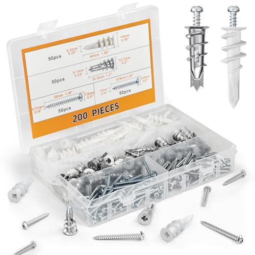 200PCs Drywall Anchors and Screws Kit, Self Drilling Wall Anchors for Drywall, Sheetrock, Hollow Door and Plaster Wall, Zinc Metal & Nylon Plastic Heavy Duty Dry Wall Anchor Set