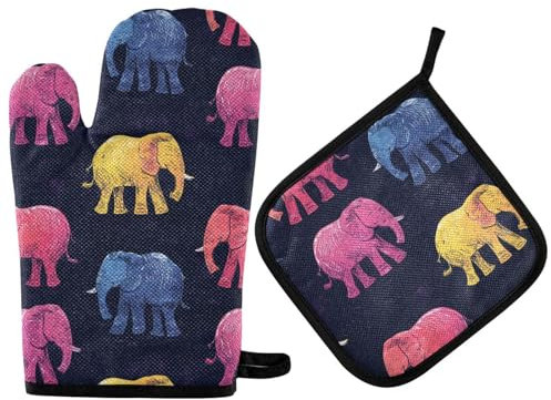 Set di guanti da cucina e presine in stile alla moda con elefante, guanti da cucina isolati termicamente, 2 pezzi per forno, barbecue, barbecue