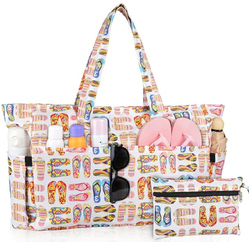 VISPAKZ Strandtasche XXL, Groß Strandtasche mit Reißverschluss Wasserdicht Faltbare, [9 Taschen &1 Separater Beutel] Badetasche XXl Familie Damen für Strand, Reisen, Urlaub, Pool, Picknick