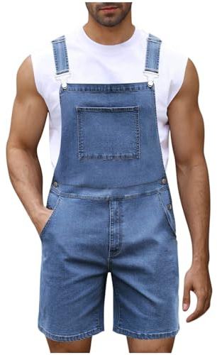 Salopette da uomo in denim salopette e bretelle salopette con tasca con cerniera tuta corta tinta unita casual jeans pantaloncini tuta da lavoro, Blu, 3XL