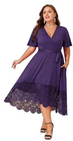 LapaPlus Robe élégante pour femme invitée de mariage grande taille, col en V, manches courtes, dentelle, ourlet fluide, robe de cocktail avec poches, violet, 5XL Grande taille