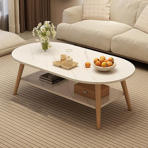 Mesa central para sala de estar, mesa de centro de 31.5 pulgadas para sala de estar, mesa de café minimalista de exhibición, mesa de centro ovalada de 2 niveles con almacenamiento, mesa auxiliar