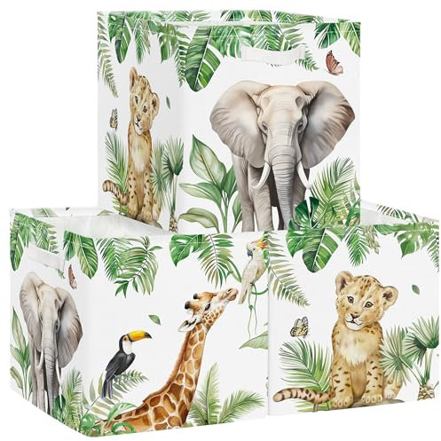 Clastyle Set di 3 Scatole Portaoggetti Animali Giungla Cubo di Stoccaggio per Armadio Vestiti Cesto Scaffali Bambini Scrigno dei Giocattoli e Libri per Scuola Materna,Leone,30x30x30 cm