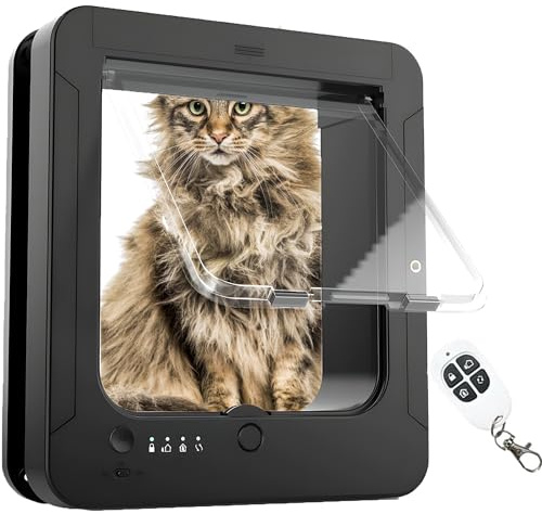 Kattlucka med mikrochip, Smart kattlucka, med 2 sensorhalsband och 1 fjärrkontroll, öppningsstorlek: 7.7 * 8.3 in, för katt, valp （svart）