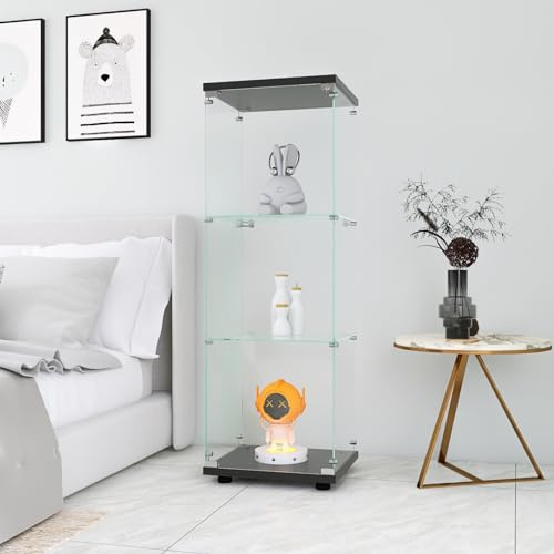 JYNVO Glasvitrine mit 3 Regalen und 1 Tür, Vitrine aus gehärtetem Glas, Abschließbare Glasvitrine, Wohnzimmer, Vertikale, Freistehende, schwarz (Schwarz)