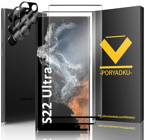 Protector de Pantalla para Samsung Galaxy S22 Ultra 5G, Película de Vidrio Templado 2 Piezas+ Protector de Lente de Cámara 2 Piezas, HD Clara, Sin Burbujas, 9H Dureza, Antihuellas, Anti-Scratch