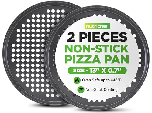 NutriChef Paquete de 2 sartenes antiadherentes para pizza de 13 pulgadas, sartenes redondas para pizza para horno, acero al carbono de grado comercial, revestimiento gris antiadherente, ideal para