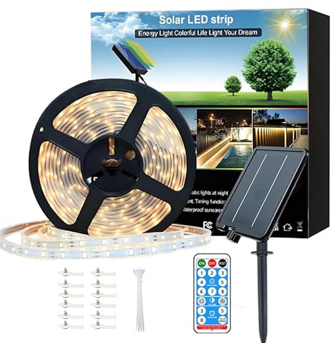 Meewata Solar-LED-Lichtstreifen für den Außenbereich, 15 m, selbstklebend, wasserdicht, 8 Modi mit Fern-Timer und automatischem Ein-/Ausschalten, perfekt für Deck, Terrasse, Wege, Camping-Dekor