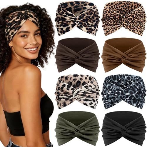 Awumbuk Haarband Damen, Stirnband 7'' Extra Breit Gekreuzt - 8er Set, Boho Mehrfarbig Headband, Elastisch und Weich Kopftuch, für Sport, Kosmetik (Leoparden Militärgrün)
