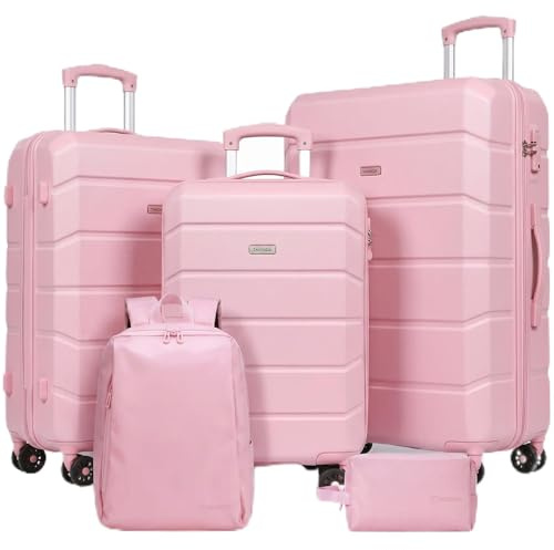 Tavoxda Luggage Sets of 5 Piece,Suitcase Set with Backpack & Toiletry Bag | 20''+24''+28'' Travel Suitcase Set, ABS Hard Shell 5 Piece Suitcase Sets with TSA Lock and 360° Wheels for Family Travel-Pink
