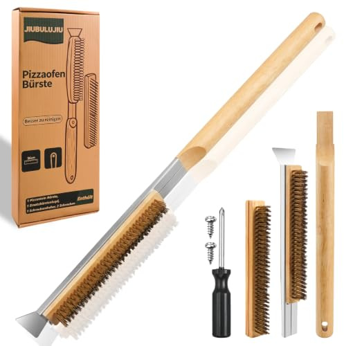 JIUBULUJIU Brosse pour four à pizza 56 cm avec grattoir en acier inoxydable et tête de brosse en laiton de rechange – Accessoire pour pierre à pizza et grille de barbecue, extérieur