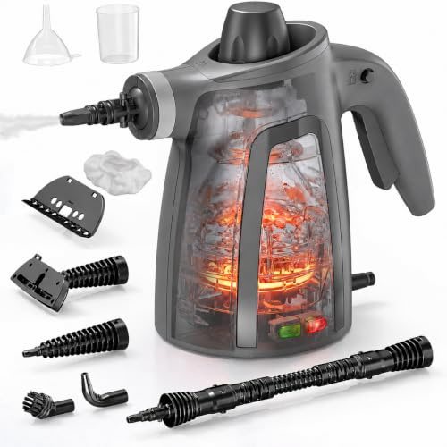 Handheld Steam Cleaner, 1050W Pressurized Steam Cleaner with 12.8 ft Power Cord & Safety Lock, Easy to Use, 9-in-1 Multi-Purpose Steamer for Home, Floors, Grout, Tile, Car (Cloud Gray)
