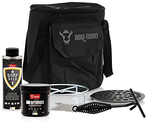BBQ-Toro Zubehör Set für Dutch Oven 7-teilig | mit Aufbewahrungstasche, Pflegeöl, Pflegepaste, Ringreiniger, Untersetzer, Dutch Oven Einsatz und Deckelheber | Zubehörset für Gusseisentopf
