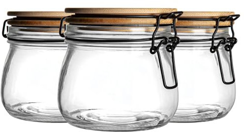 Argon Tableware Glass Storage Jar with Airtight Wooden Clip Lid - 500ml - 3 Pack - Kitchen Container Round Preserving Jar for Pickling, Chutney, Jam, Coffee, Oats