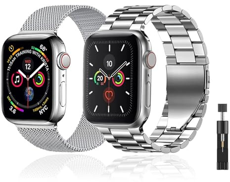 baklon Pack 2 Metal Strap Compatible with Apple Watch Strap 38/40/41/42mm, Stainless Steel Replacement Wristband Compatible with iWatch Series Ultra SE 3 2 1 Series 11 10 9 8 7 6 5 4 Silver