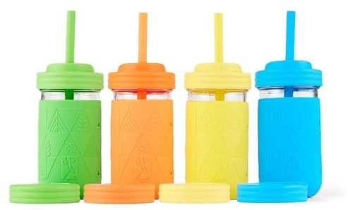 Elk and Friends 4-pack barnglasmugg | 350 ml Mason Jars med silikonlock och lock | silikonsugrör med stopp | Smoothie-muggar och förvaringsburkar | Läckagesäkra, diskmaskinssäkra