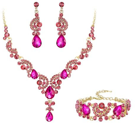 Ever Faith Wedding Jewellery Set for Women, Sparkly Rhinestone Crystal Vintage Floral Teardrop Brides Bridal Necklace Earrings Bracelet Sets Prom Party Costume Jewelry 3 Pcs Hot Pink Gold-Tone