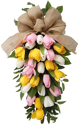 FLOROAD 26 Artificial Tulips Floral Teardrop Swag with Burlap Bow, Handmade Spring & Summer Flowers Teardrop Wreath Decoration for Home Front Door Outdoor Porch Wall
