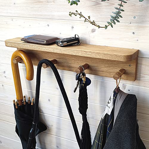 MINICAMP Garderobenleiste mit Ablage - aus massivem Eichenholz - mit 4 Haken - Wandhaken aus Holz zum Aufhängen von Handtüchern - zur Aufbewahrung von Kinderaccessoires