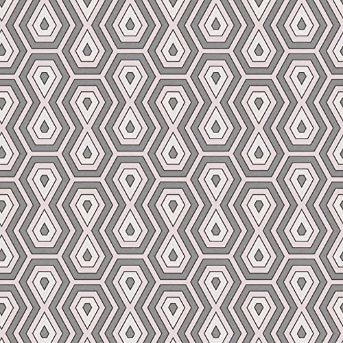 Papier peint à motif géométrique rose & gris | Tapisserie vintage graphique pour salon | Papier peint gris blanc & rose style années 70