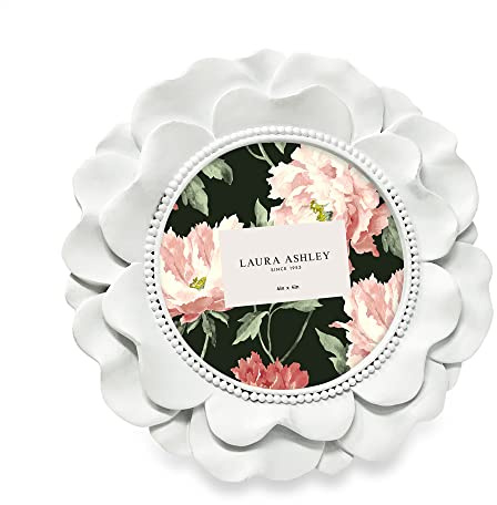 Laura Ashley Round Resin Ornate Flower Design Picture Frame with Beaded Border, for Tabletop and Wall Display, Floral Home Décor (White)