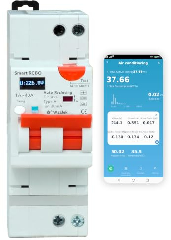 WizElek - Smart RCBO Tuya WIFI Differential Circuit Breaker Parameters: Intensity (1A-40A), Leakage Current (30mA type A & AC), Temperature, Low/High Voltage, Power, Consumption, Programming Scenarios