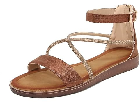 Gladiateur Femme Bohème Sandales Eté Souple Confortable DéContracté Strass Romain Sandales Femmes Grande Taille 36-42 EU (40,Marron)