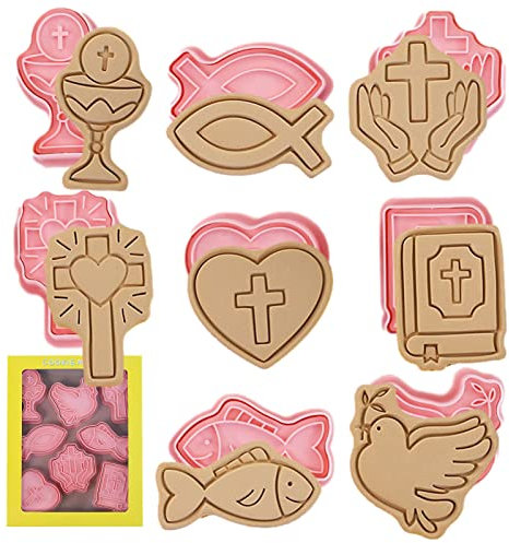 Rianpesn 5 Plätzchenform-Set für die Heilige Kommunion | Religiöse Taufe Keksform Set von 8,Kelch, Jesus Fisch, Heiliges Kreuz, Taube, ausgefallenes Kreuz Keksausstecher für die Erstkommunion