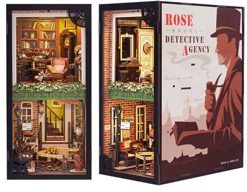 Fsolis DIY Book Nook,Kit Puppenhaus Miniatur Haus Kit mit LED Leuchten und Einsteckbar Staubschutzplatte,Book Nook Bibliothek 3D Puzzle Buchstützen aus Holz
