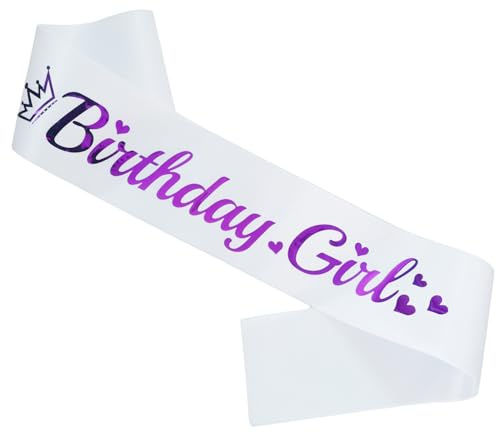 LXYXUUN Birthday Girl Sash White, Purple Foil Birthday Sash for Girl Funny Birthday Party Decorations, 16 18 21st Bday Sash Gift Ideas