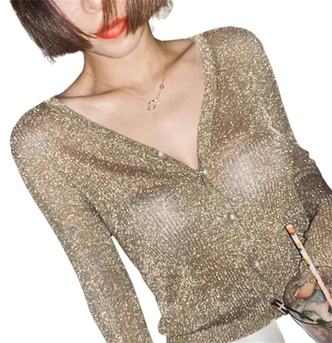 MdybF Cardigan pärlknapp dam ljus silke tunn tröja kappa sexig v-ringad stickad tröja topp guld och silver stickad cardigan, Guld, S