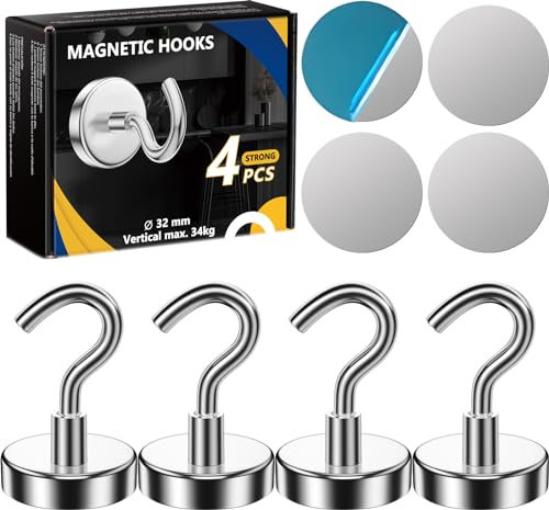 AOLLEN 4 Pezzi 32 MM Ganci Magnetici Extra Forti 34 KG Forza, Gancio Magnetico con 4 Pezzi Placche Metalliche Adesive, Magnete con Gancio Cucina, Frigorifero, Griglia, Crociera