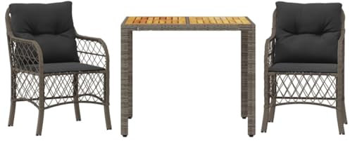 vidaXL Bistro Set 3-TLG., Gartenmöbel Set mit Kissen, Balkonset 2 Stühle 1 Tisch, Balkonmöbel Sitzgruppe für Garten Balkon Terrasse, Grau Poly Rattan
