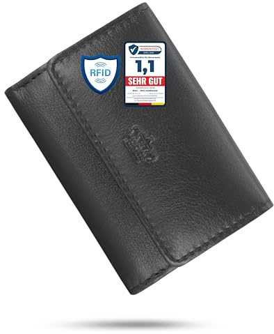Baur Mini-Geldbörse für Damen und Herren – Echtes Leder mit RFID-Schutz – Kleines Portemonnaie mit 2 Kartenfächer – Schein- & Münzfach mit Druckknopfverschluss (Schwarz)