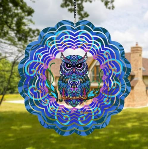 Windspiel Metall hängedeko Outdoor 360° drehung Schöne Tiere magische windmühle 30cm Edelstahl Leichtes rotierendes kinetisches Windmobil Fenster und Gartendekoration (Eule,30x30cm)