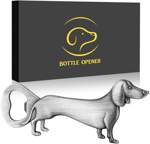 LKKCHER Décapsuleur De Bière En Forme De Teckel, Cadeau De Bière Pour Hommes Et Femmes, Cadeaux D'Anniversaire, De Noël Pour Les Amateurs De Chiens Saucisse, Argent Foncé Avec Boîte-Cadeau Et Carte