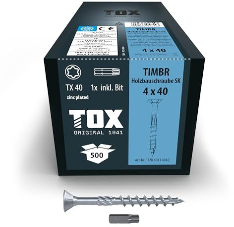 TOX Vis à bois TIMBR SK 4,0 x 40 mm, zinguée bleue à tête fraisée, TX20, vis pour vissage léger et montages à fleur dans la construction en bois, 500 pcs. en carton, 1x embout inclus, 112040414040