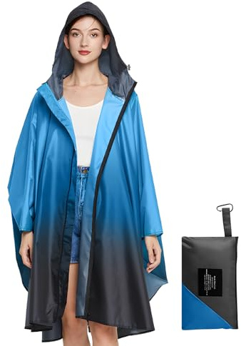 LAMA Vattentät regnponcho, lätt återanvändbar regnponchorock, vandring regnrock jacka med huva och bärväska för vuxna kvinnor män, utomhusaktiviteter, gradient Blå, L-XL