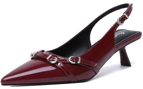 Mostrin Red Kitten Heels for Women Sexy Pointed Toe Slingback Low Heels Dressy Pumps Shoes with Buckle for Party Size 8