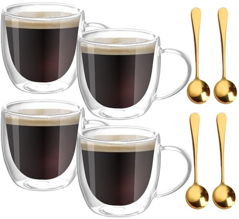 BORDEAG Juego de 4 vasos para café con latte macchiato, tazas de café de doble pared con asa, vasos de café con 4 cucharas, tazas de café para capuchino, té, leche y cerveza, 250 ml