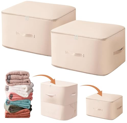 2 Stück Ultra Platzsparender Selbstkomprimierender Organizer, Aufbewahrungstasche für Bettdecken, Groß Selbstkomprimierende Bewegliche Organizertaschen for Decken Kleidung (Beige, XL 52x42x60cm)